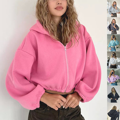 Fresh Arrivals at Buy Center: Casual Solid Color Hooded Short Jacket Y2K Fashion Sports Sweatshirt Long Sleeve Zipper Cardigan Women's Clothing