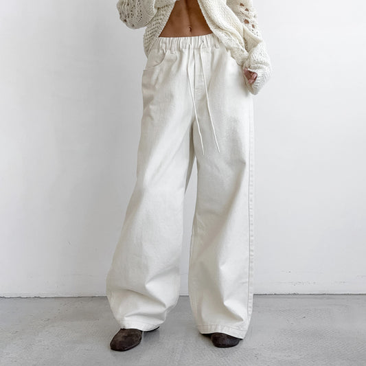 White Pure Cotton Tied Mid-waist Wide-leg Pants | Women's Clothing4 | Buy Center