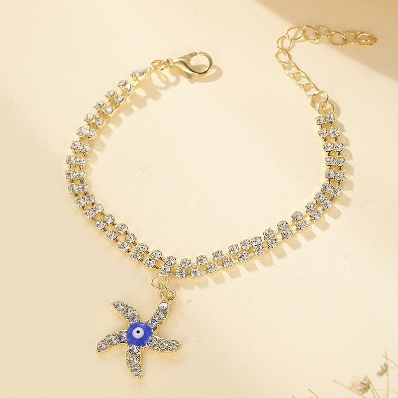 Buy Center Best Value-Devil Blue Eye Bracelet Palm Sea Star Evil Eye Full Diamond Double Layer Bracelet