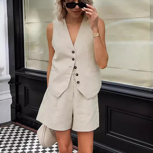 Buy Center Hot Pick-V-neck Vest High Waist Wide Leg Pants Suit Fashion Khaki