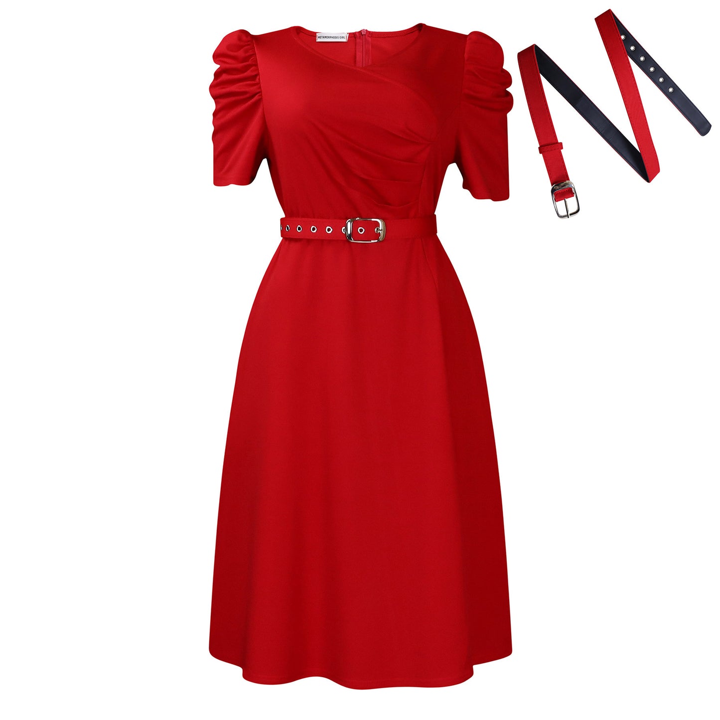 Buy Center Handpicked- Fashionable Temperament Elegant V-neck Pleated Swing Dress Red Belt