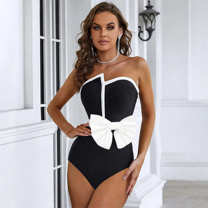 Trending Now at Buy Center: Black And White Color-blocking Bow Irregular Tube Top One-piece Swimsuit For Women