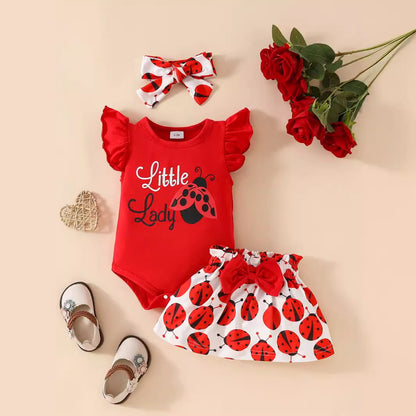 Hot New Items at Buy Center: Three-piece Suit Cute Beetle Print Flounced Sleeve Romper With Short Skirt With Headscarf