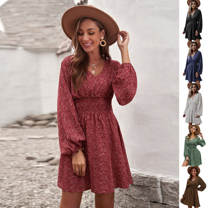 Fresh Arrivals at Buy Center: Polka Print Long Sleeve Dress V Neck Lantern Sleeve Pleated Waist Slim A-line Dress Women's Clothing