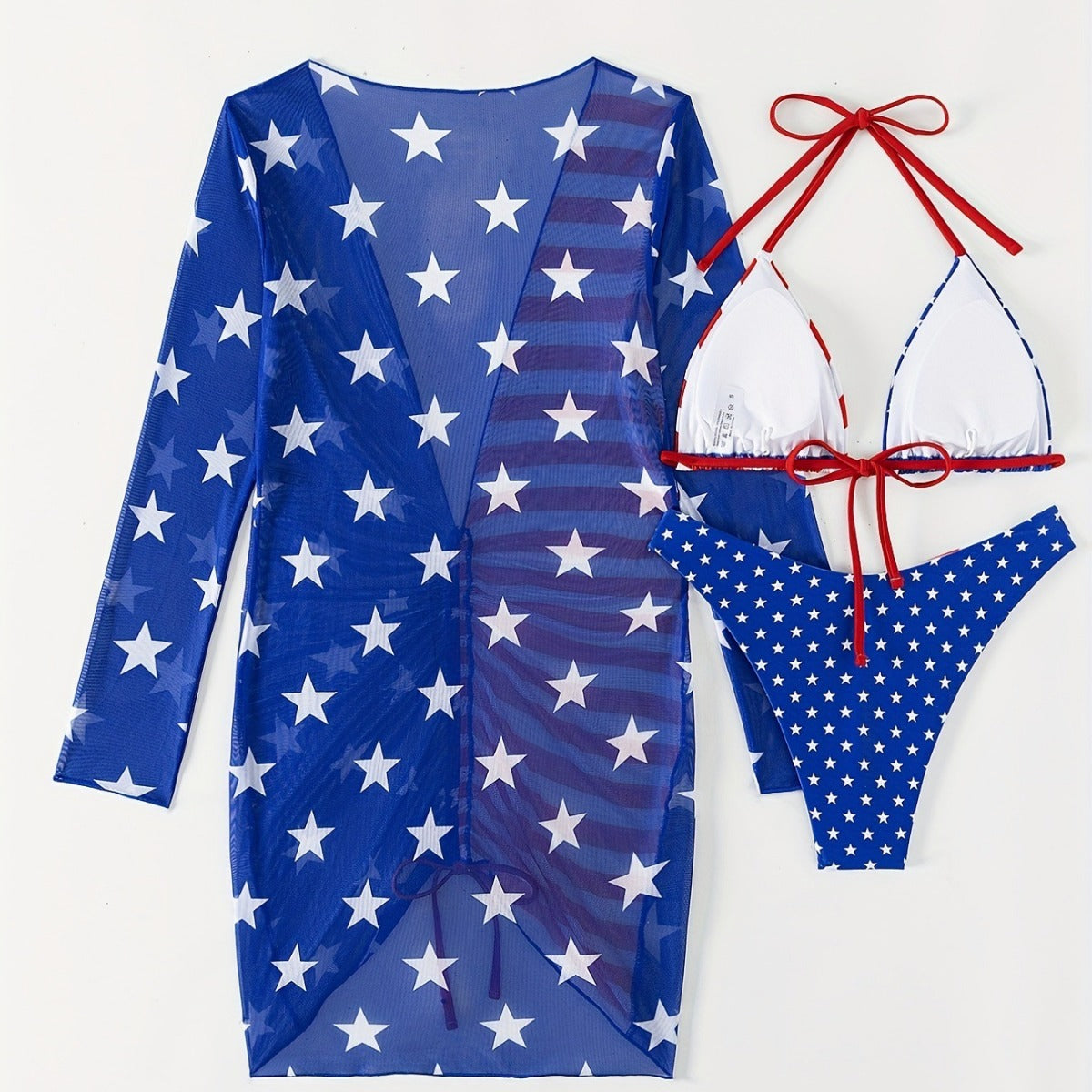 Fresh Arrivals at Buy Center: Women's Swimsuit Sleeveless Halter Loose Independence Day Flag Printed Gauze Three-piece Suit