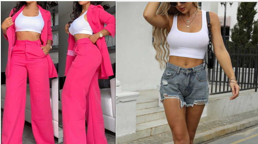 Buy Center Premium-Pure Color Split Sleeve Lapel Suit Straight-leg Pants Suit Women rose red set