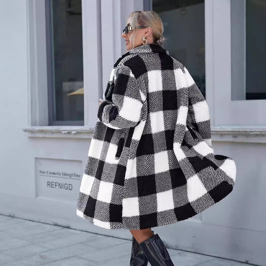 Women's Lapel Long Sleeve Non-buckle Plaid Long Coat | Women's Clothing4 | Buy Center