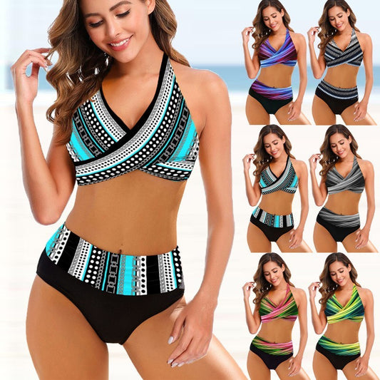 Newly Released at Buy Center: European And American Ladies Split Bikini Striped Tie-dye Hollow Bikini Swimsuit