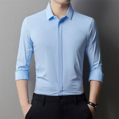 Men's Light Luxury High-end Hidden Hook Long-sleeved Shirt Sky Blue