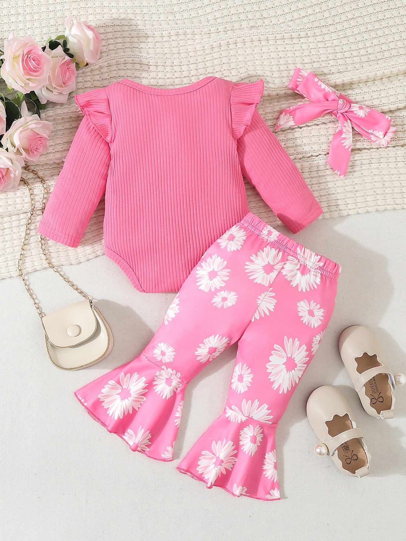 Fresh Arrivals at Buy Center: Baby Girl Cartoon Animal Flower Bell-bottom Pants Long Sleeve Headdress Three-piece Set