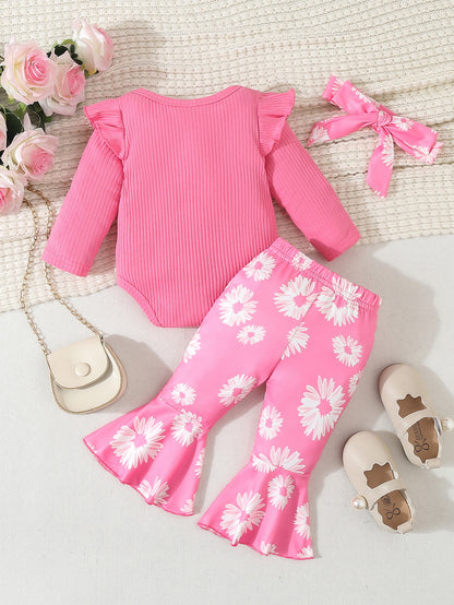 Fresh Arrivals at Buy Center: Baby Girl Cartoon Animal Flower Bell-bottom Pants Long Sleeve Headdress Three-piece Set