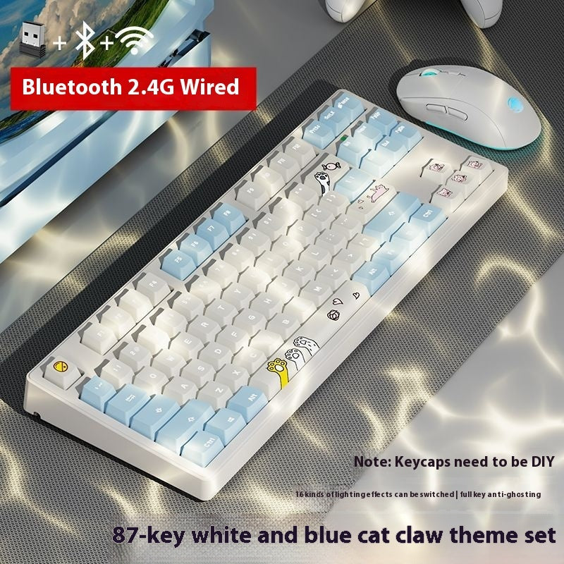 Office Game Wireless Bluetooth Three-model Mechanical Keyboard White And Blue 1 Cat's Paw 87