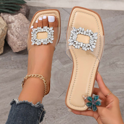 Sandalias planas de gran tamaño transparentes con diamantes de imitación europeos y americanos