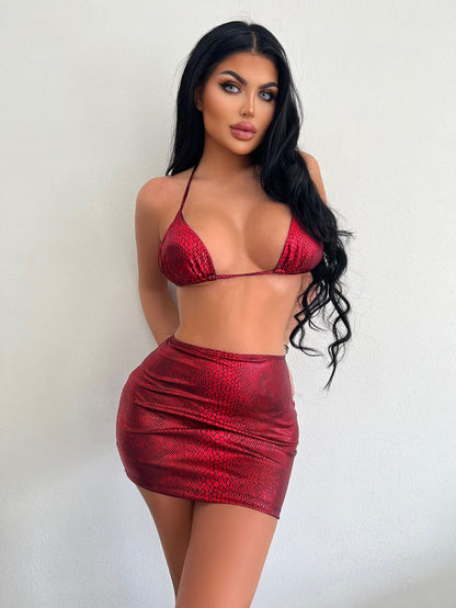 Trending Now at Buy Center: Women's 3 Piece Bathing Suits Halter Snake Pattern Bikini Set With Cover Up Skirt Summer Swimsuit Red