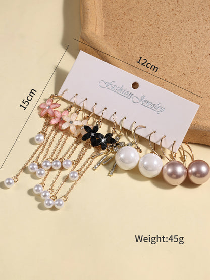 New Combination Style 6 Pairs Of Temperament Personality Internet Famous Long Pearl Earrings With Crystal Flowers Simple And Versatile Earrings