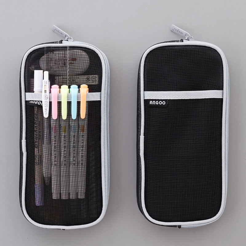 Trending Now at Buy Center: Mesh Pen Case Transparent Solid Color Stationery Storage Bag Grey and black