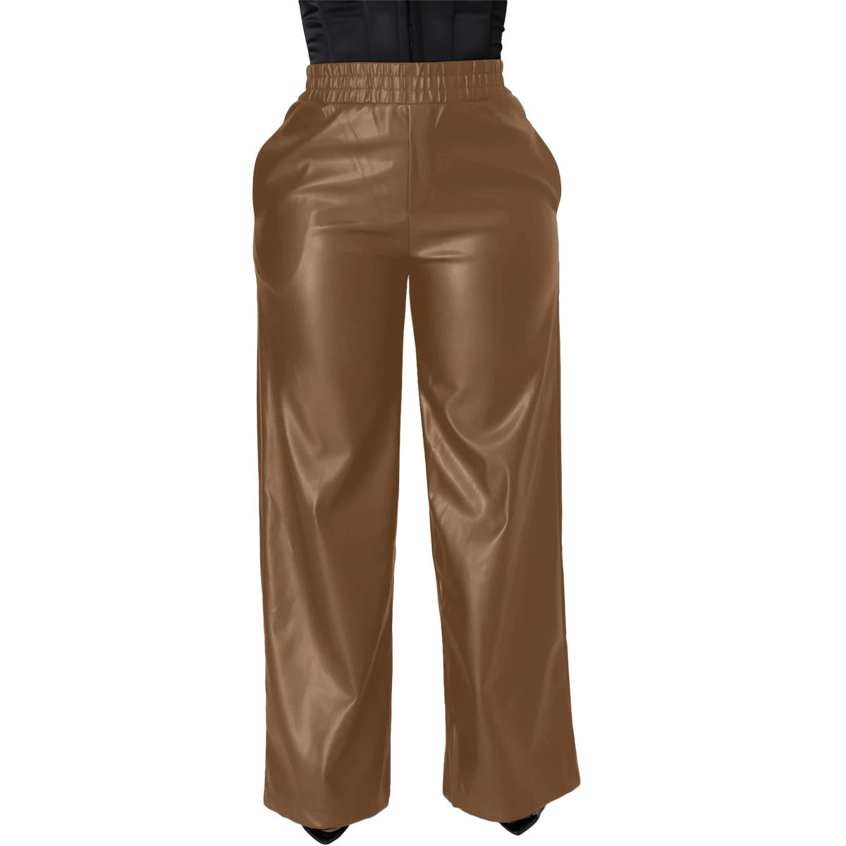 Solid Color Loose Wide Leg Pocket PU Leather Pants Buy Center