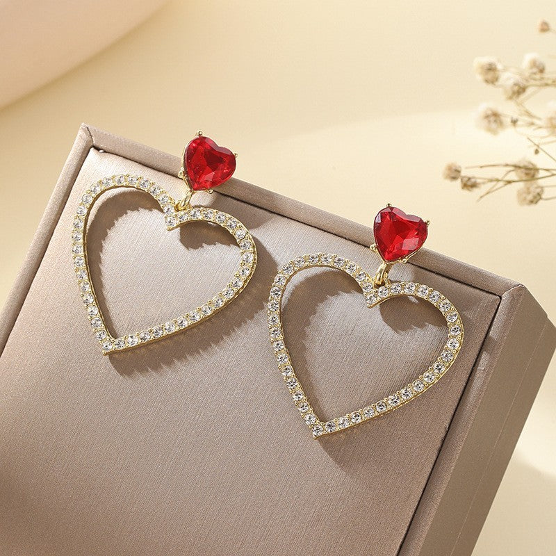 Buy Center Trend-Double Heart Ruby Full Diamond Micro Inlaid Hollow Earrings With Peach Heart And Gentle Temperament Red