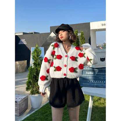 Buy Center Picks-New Knitting Needle Sweater Thick Knitted Cardigan Three-dimensional Rose Flower Sweet Coat For Women Red Free Size