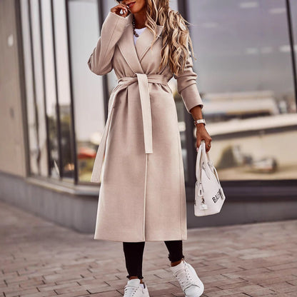 Autumn And Winter Simplicity Long Sleeve V-neck Lace Up Woolen Coat Top Women Buy Center