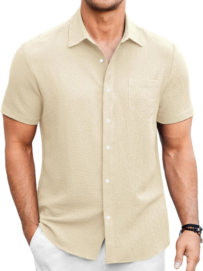 Just Arrived at Buy Center: Men's Summer Solid Color Bubble Wrinkle Simple And Comfortable Daily Short Sleeve Shirt Apricot