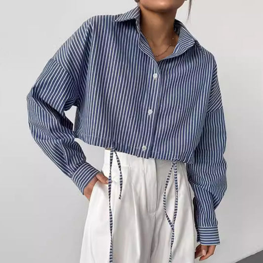 Buy Center Hot Pick-Long Sleeve Niche Cropped Striped Shirt Fashion