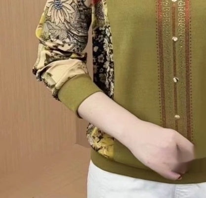 Women's Long-sleeved T-shirt V-neck Rhinestone Mom Wear Loose Belly-covering Slimming Top Buy Center