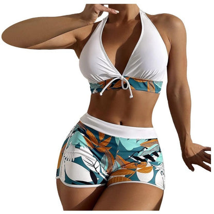 Fresh Arrivals at Buy Center: Solid Color Top Split Swimsuit Women's Leaf Print Boxers Strap