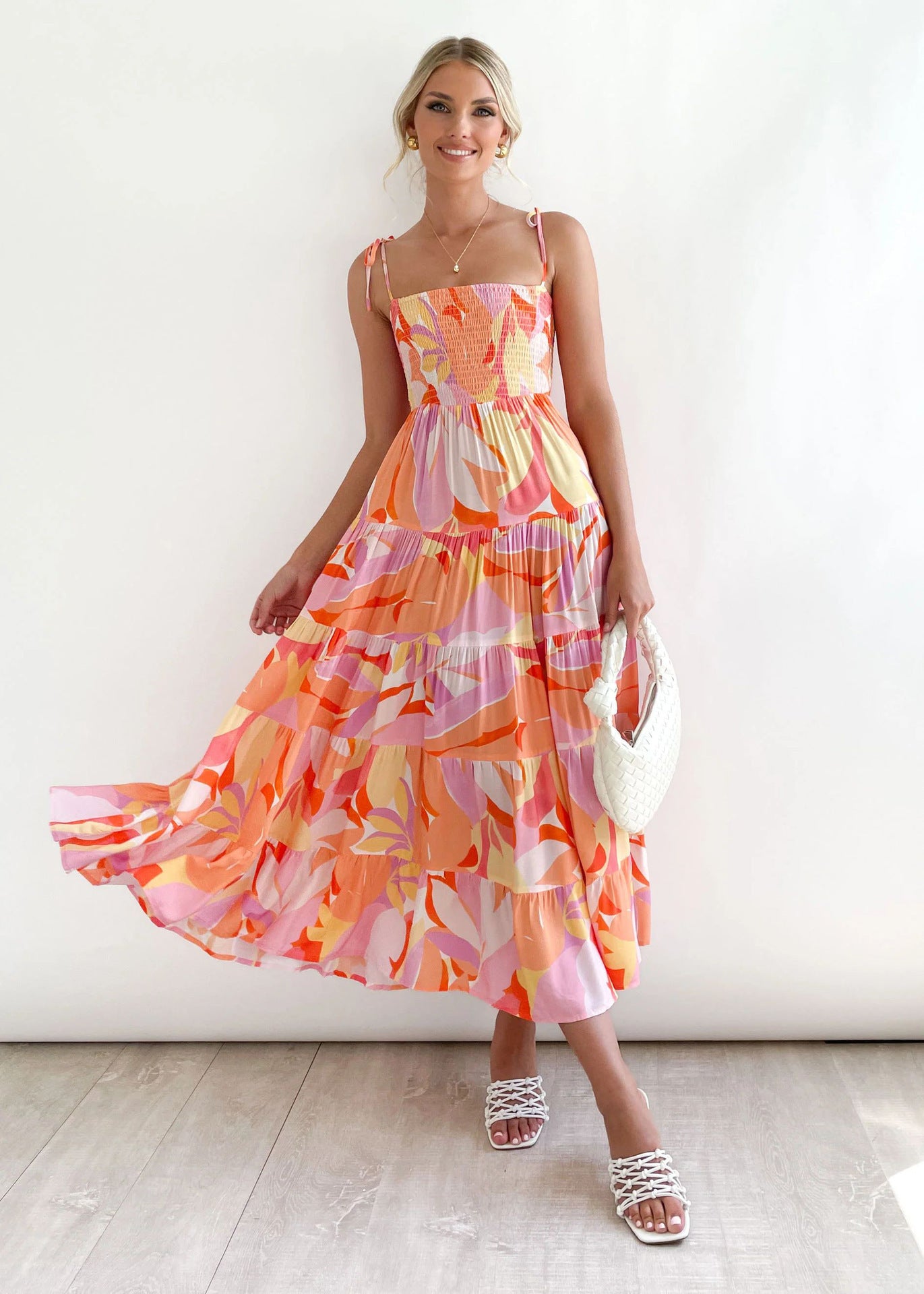 Fresh Arrivals at Buy Center: Women's High Waist Sleeveless Printed Off-shoulder Bohemian Sling Dress Orange red print