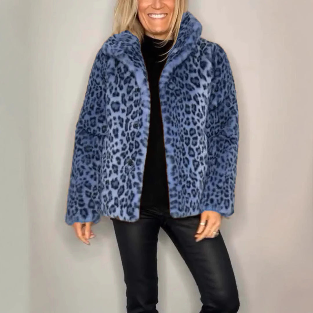 Winter New Women's Fashionable Leopard Print Lapel Faux Leather Woolen Top Buy Center