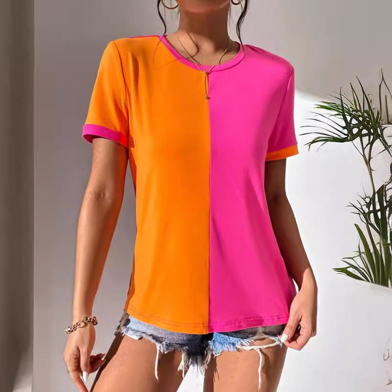 Just Arrived at Buy Center: Women's Color Matching Simple Casual All-match Round Neck Short Sleeve