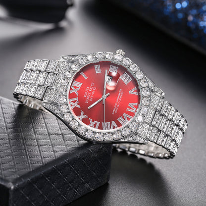 Just Arrived at Buy Center: Full Diamond Surface Roman Scale Steel Watch Silver Case Red Noodles