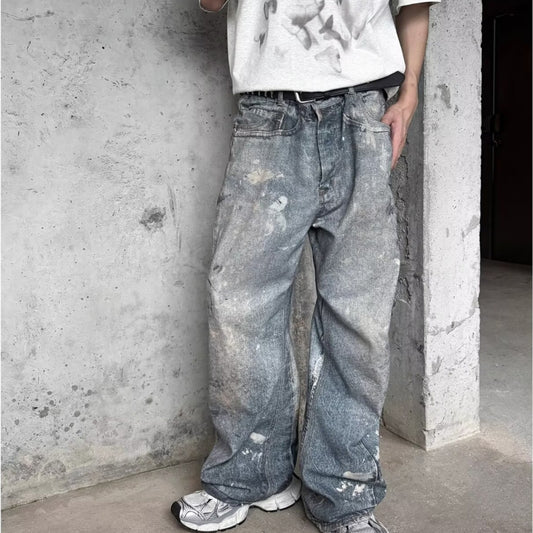 Washed Distressed Printed Denim Men's Straight Loose Long Pants | Men's Clothing5 | Buy Center