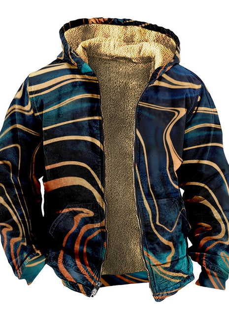 Retro Coconut Tree Element 3D Digital Printing Casual Loose-fitting Hoodie Zipped Cotton-padded Jacket Coat