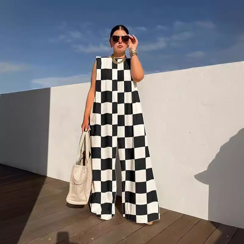 Hot New Items at Buy Center: Loose Casual Women's Fashion Plaid Colored Mosaic Jumpsuit Black And White