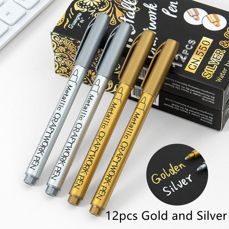 Trending Now at Buy Center: English Packaging Metal Paint Pen 12pcs Gold and Silver