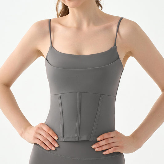 Buy Center Exclusive Offer-Fake Two-piece Yoga Vest Female Semi-fixed Fishbone Tangent Vest Tops Outerwear Sea Rock Gray