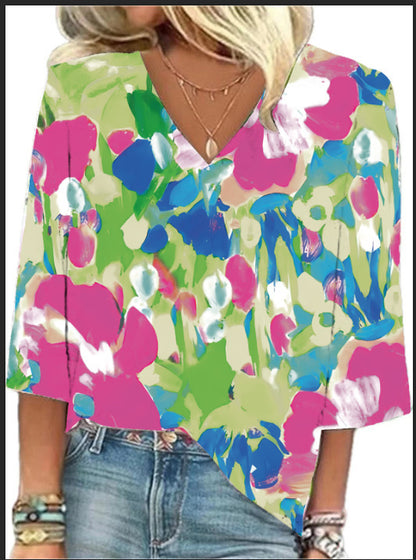 Fresh Arrivals at Buy Center: Women's European And American All-matching Printed Casual V-neck Shirt New Floral Print J