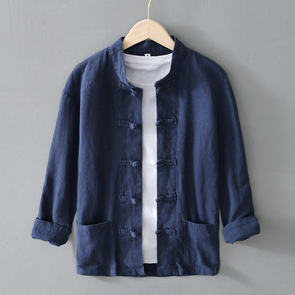 Newly Released at Buy Center: Linen Tang Suit Men's Youth Jacket Tea Suit Chinese Casual Jacket Blue