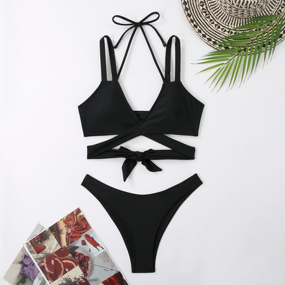 Fresh on the Scene at Buy Center: Solid Color Strap Beach Bikini Swimsuit Black