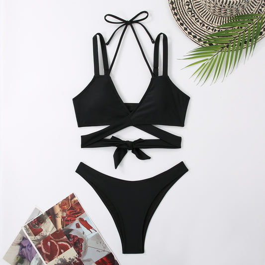 Fresh on the Scene at Buy Center: Solid Color Strap Beach Bikini Swimsuit Black