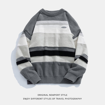 Japanese Style Men's Clothing Vintage Stripe Round Neck Sweater Buy Center