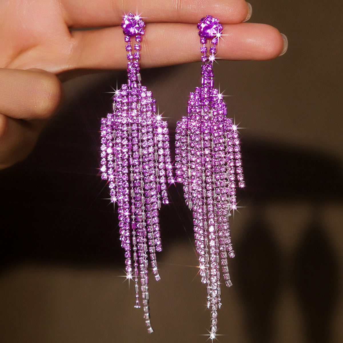 Buy Center Top Rated-Full Rhinestone Tassel High-grade Affordable Luxury Style Unique Design Earrings 80114709 Purple