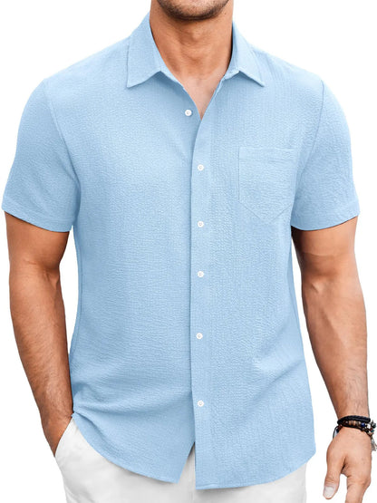 Just Arrived at Buy Center: Men's Summer Solid Color Bubble Wrinkle Simple And Comfortable Daily Short Sleeve Shirt Light Blue