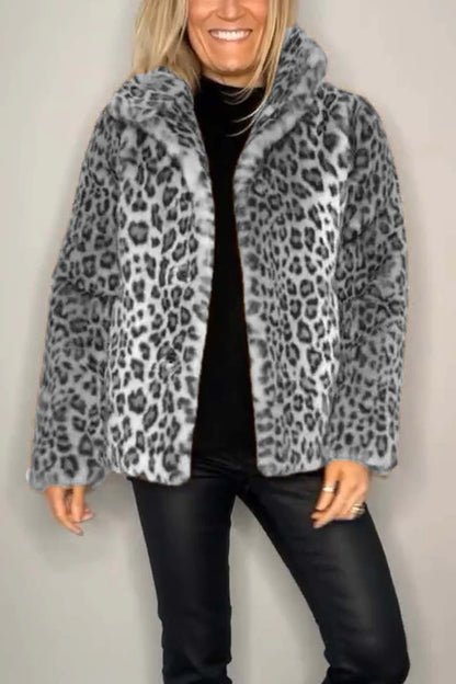 Winter New Women's Fashionable Leopard Print Lapel Faux Leather Woolen Top Buy Center