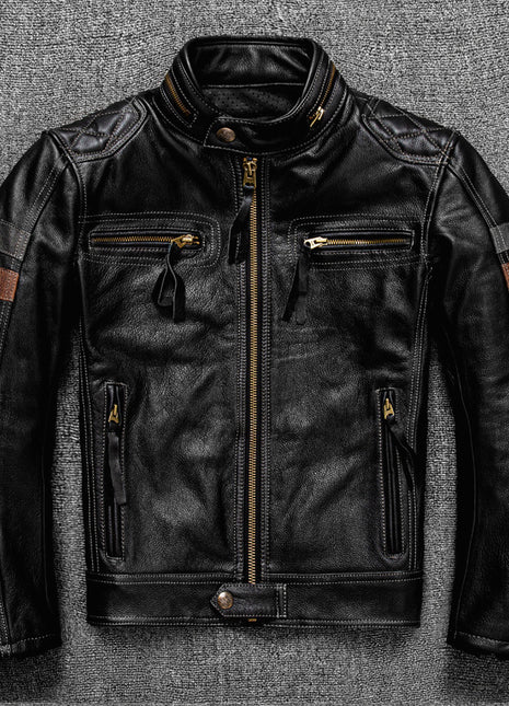 First Layer Cowhide Leather Coat Men's Stand Collar Motorcycle Cycling Clothing