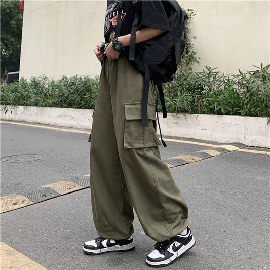 Japanese-style Retro Pants Men's Solid Color Wide Leg Washed Cotton Overalls Straight Loose Casual Trousers