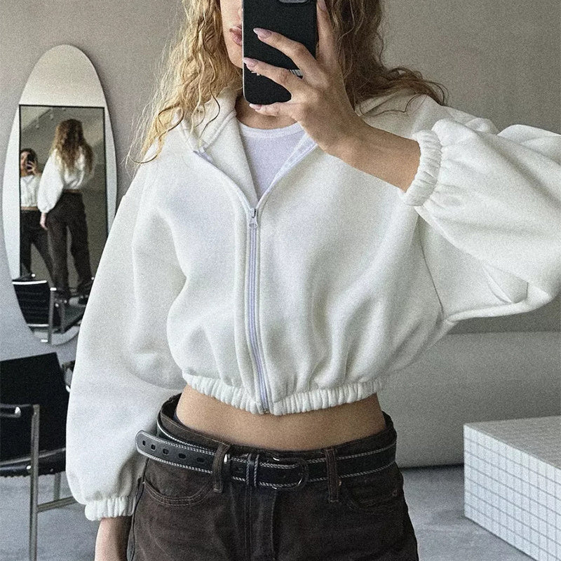 Fresh Arrivals at Buy Center: Casual Solid Color Hooded Short Jacket Y2K Fashion Sports Sweatshirt Long Sleeve Zipper Cardigan Women's Clothing White