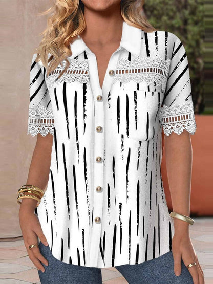 Buy Center Deal-Women's V-neck Buttons Stitching Short Sleeve Casual Printed Shirt White