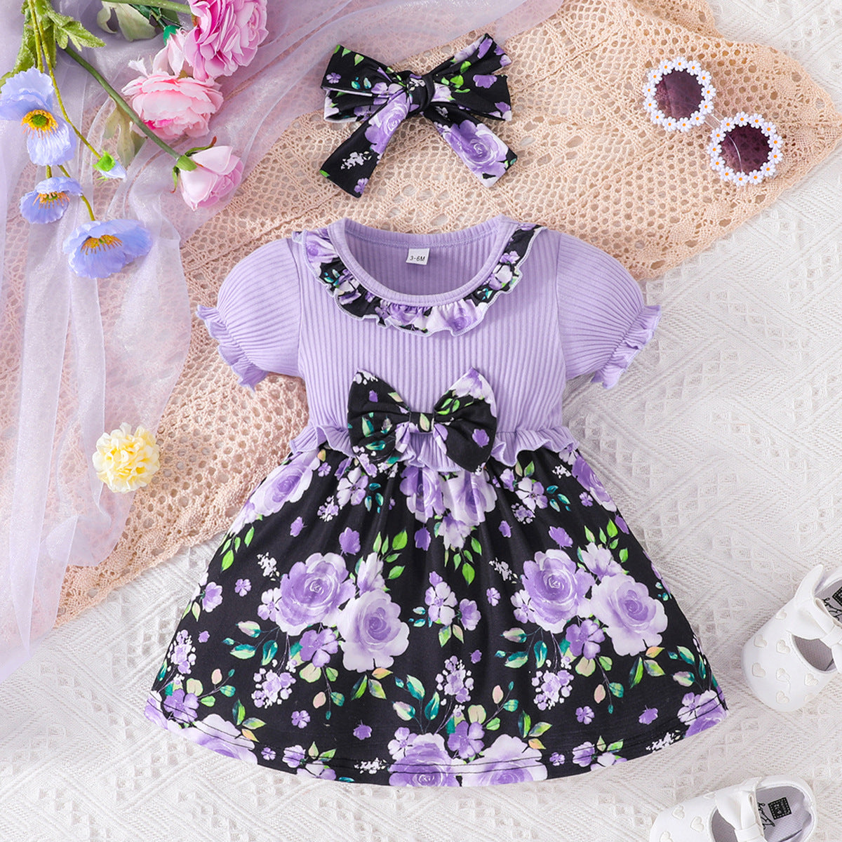 Newly Arrived at Buy Center: Girls' Printed Dress Headscarf Two-piece Set Light Purple WY24202C